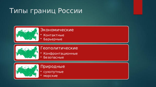 Типы границ России Экономические Контактные Барьерные Контактные Барьерные Геополитические Конфронтационные Безопасные Конфронтационные Безопасные Природные сухопутные морские сухопутные морские 