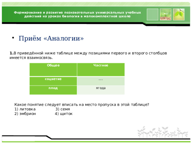 Формирование и развитие познавательных универсальных учебных действий на уроках биологии в малокомплектной школе Приём «Аналогии»  1. В приведённой ниже таблице между позициями первого и второго столбцов имеется взаимосвязь. Общее соцветие Частное плод … . ягода Какое понятие следует вписать на место пропуска в этой таблице? 1) литовка 3) семя 2) эмбрион 4) щиток 