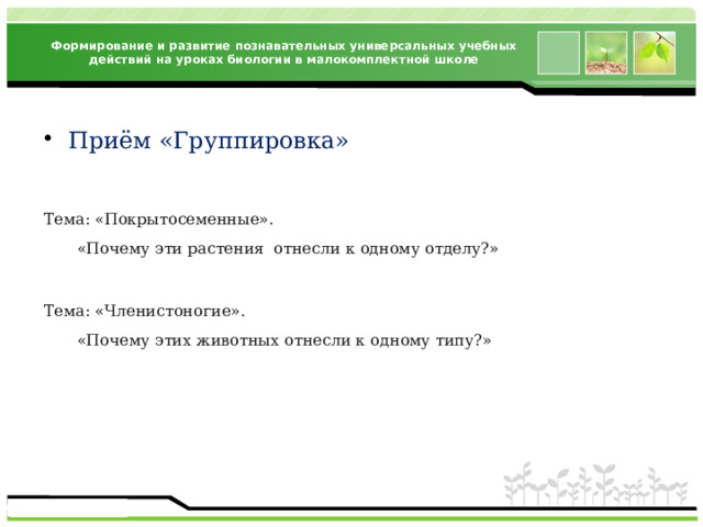 Формирование и развитие познавательных универсальных учебных действий на уроках биологии в малокомплектной школе Приём «Группировка» Тема: «Покрытосеменные». «Почему эти растения отнесли к одному отделу?» Тема: «Членистоногие». «Почему этих животных отнесли к одному типу?» 