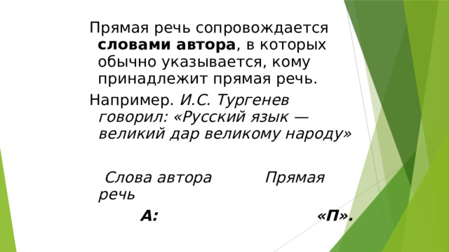 Прямая речь сопровождается словами автора , в которых обычно указывается, кому принадлежит прямая речь. Например. И.С. Тургенев говорил: «Русский язык — великий дар великому народу»  Слова автора Прямая речь   А: «П». 