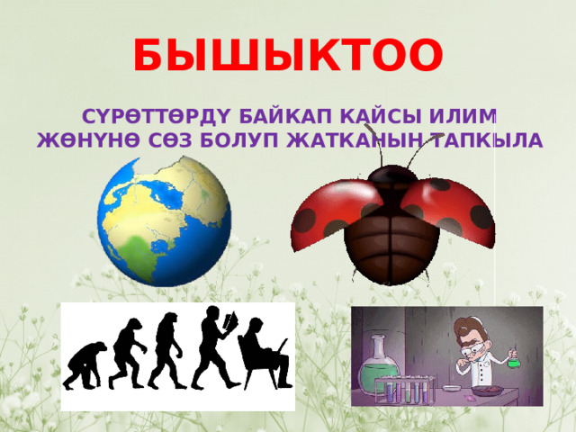 БЫШЫКТОО СҮРӨТТӨРДҮ БАЙКАП КАЙСЫ ИЛИМ ЖӨНҮНӨ СӨЗ БОЛУП ЖАТКАНЫН ТАПКЫЛА 