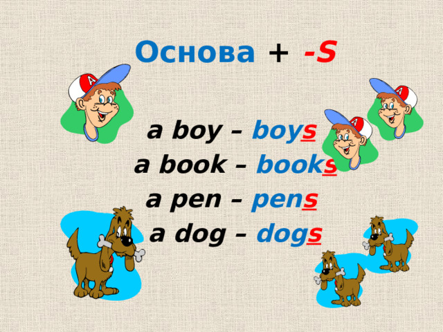 Основа + -S  a boy – boy s  a book – book s a pen – pen s  a dog – dog s 