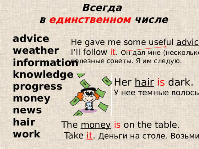 Всегда в единственном числе advice weather information knowledge progress money news hair  work He gave me some useful advice . I’ll follow it . Он дал мне (несколько) полезные советы. Я им следую. Her hair  is dark. У нее темные волосы The money  is on the table.  Take it . Деньги на столе. Возьми их 