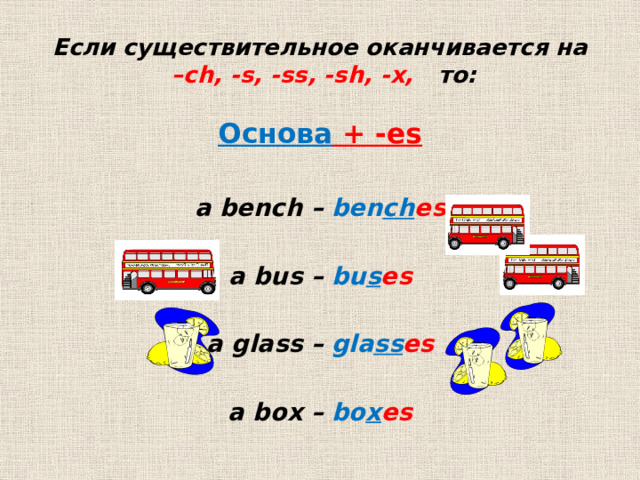 Если существительное оканчивается на  –ch, -s, -ss, -sh, -x, то: Основа + -es  a bench – ben ch es  a bus – bu s es  a glass – gla ss es  a box – bo x es 