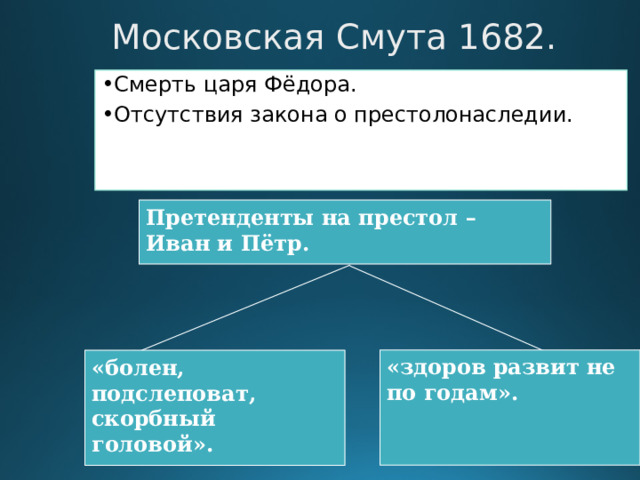 Московская Смута 1682. Смерть царя Фёдора. Отсутствия закона о престолонаследии. Претенденты на престол – Иван и Пётр. «здоров развит не по годам». «болен, подслеповат, скорбный головой». 