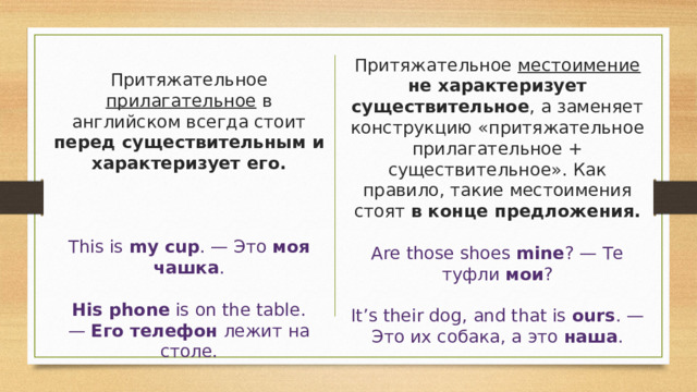 Притяжательное местоимение  не характеризует существительное , а заменяет конструкцию «притяжательное прилагательное + существительное». Как правило, такие местоимения стоят в конце предложения. Are those shoes  mine ? — Те туфли  мои ?  It’s their dog, and that is  ours . — Это их собака, а это  наша . Притяжательное прилагательное в английском всегда стоит перед существительным и характеризует его. This is  my cup . — Это  моя чашка .  His phone  is on the table. —  Его телефон  лежит на столе.   