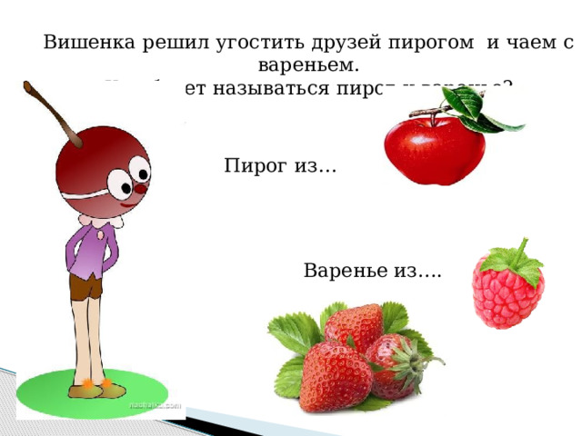 Вишенка решил угостить друзей пирогом и чаем с вареньем. Как будет называться пирог и варенье? Пирог из… Варенье из…. 