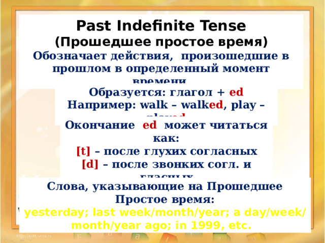 Past Indefinite Tense (Прошедшее простое время) Обозначает действия, произошедшие в прошлом в определенный момент времени. Образуется: глагол + ed Например: walk – walk ed , play – play ed Окончание ed может читаться как: [t] – после глухих согласных [d] – после звонких согл. и гласных [id] – после t и d Слова, указывающие на Прошедшее Простое время: yesterday; last week/month/year; a day/week/month/year ago; in 1999, etc.  