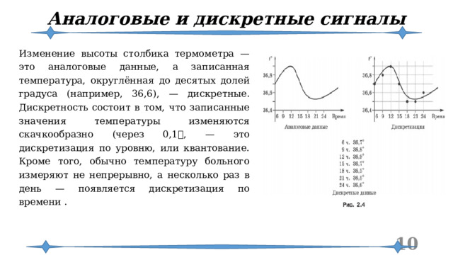 Аналоговые и дискретные сигналы Изменение высоты столбика термометра — это аналоговые данные, а записанная температура, округлённая до десятых долей градуса (например, 36,6), — дискретные. Дискретность состоит в том, что записанные значения температуры изменяются скачкообразно (через 0,1, — это дискретизация по уровню, или квантование. Кроме того, обычно температуру больного измеряют не непрерывно, а несколько раз в день — появляется дискретизация по времени .  