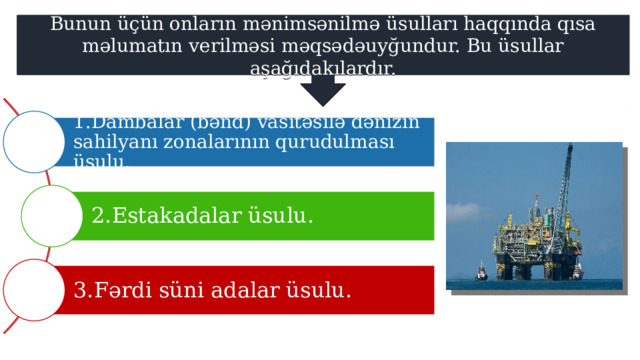 Bunun üçün onların mənimsənilmə üsulları haqqında qısa məlumatın verilməsi məqsədəuyğundur. Bu üsullar aşağıdakılardır. 1.Dambalar (bənd) vasitəsilə dənizin sahilyanı zonalarının qurudulması üsulu. 2.Estakadalar üsulu. 3.Fərdi süni adalar üsulu. 