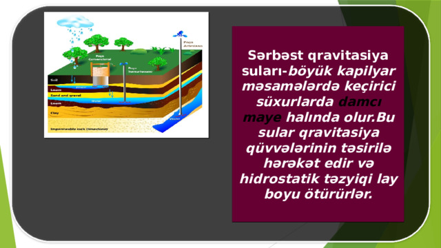 Sərbəst qravitasiya suları- böyük kapilyar məsamələrdə keçirici süxurlarda damcı maye halında olur.Bu sular qravitasiya qüvvələrinin təsirilə hərəkət edir və hidrostatik təzyiqi lay boyu ötürürlər. 