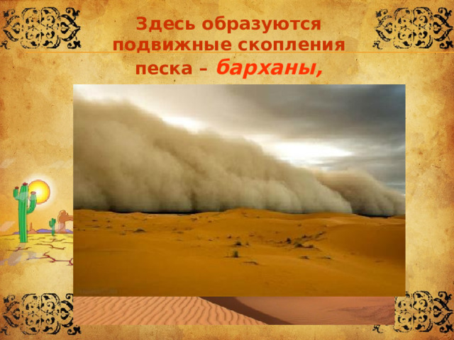 Здесь образуются подвижные скопления песка – барханы, возникают  пыльные бури. 