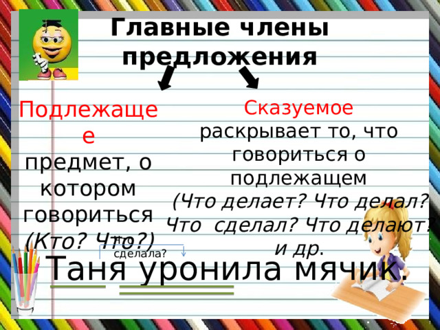 Главные члены предложения Подлежащее Сказуемое предмет, о котором говориться раскрывает то, что говориться о подлежащем (Что делает? Что делал? Что сделал? Что делают? и др . (Кто? Что?) Что сделала? Таня уронила мячик. 