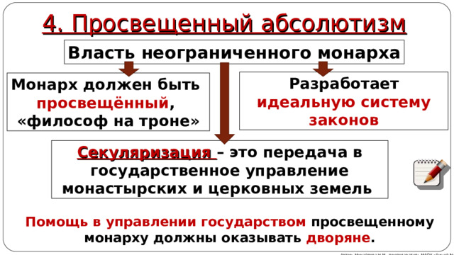 4. Просвещенный абсолютизм Власть неограниченного монарха Разработает идеальную систему законов Монарх должен быть просвещённый , «философ на троне» Секуляризация – это передача в государственное управление монастырских и церковных земель Помощь в управлении государством просвещенному монарху должны оказывать дворяне . Автор: Михайлова Н.М.- преподаватель МАОУ «Лицей № 21» 