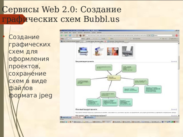 Сервисы Web 2.0: Создание графических схем Bubbl.us Создание графических схем для оформления проектов, сохранение схем в виде файлов формата jpeg 
