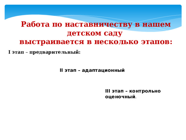 III этап – контрольно­оценочный . Работа по наставничеству в нашем детском саду выстраивается в несколько этапов:   I этап  – предварительный: II этап – адаптационный 