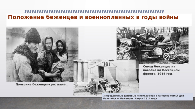 Положение беженцев и военнопленных в годы войны Семья беженцев на повозке на Восточном фронте. 1914 год . Польские беженцы-крестьяне. . Передвижные душевые используются в качестве жилья для бельгийских беженцев. Август 1914 года 