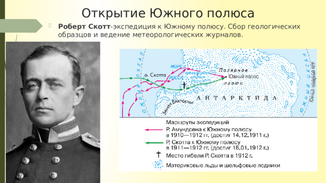 Открытие Южного полюса Роберт Скотт -экспедиция к Южному полюсу. Сбор геологических образцов и ведение метеорологических журналов. 