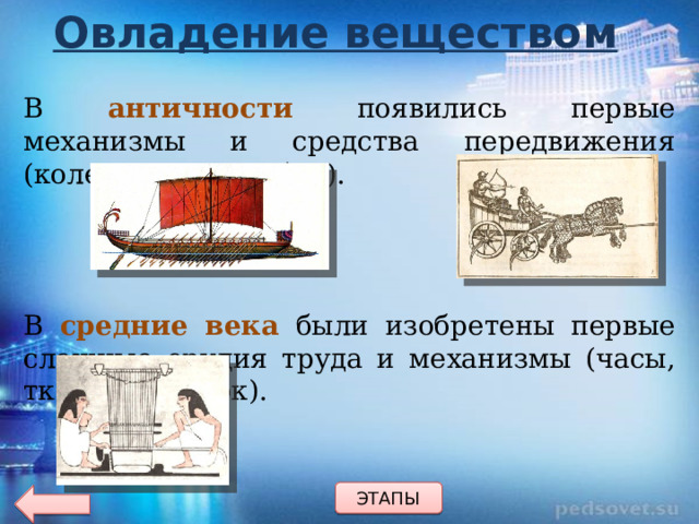 Овладение веществом В античности появились первые механизмы и средства передвижения (колесницы, корабли). В средние века были изобретены первые сложные орудия труда и механизмы (часы, ткацкий станок). ЭТАПЫ 