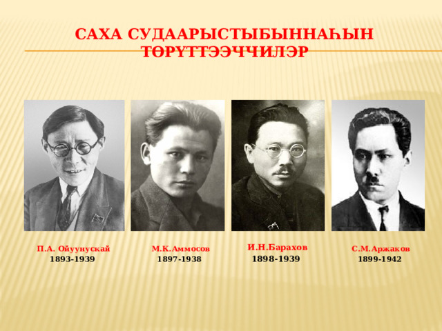 Саха судаарыстыбыннаһын төрүттээччилэр   И.Н.Барахов 1898-1939      М.К.Аммосов С.М.Аржаков  1899-1942 П.А. Ойуунускай 1897-1938 1893-1939 