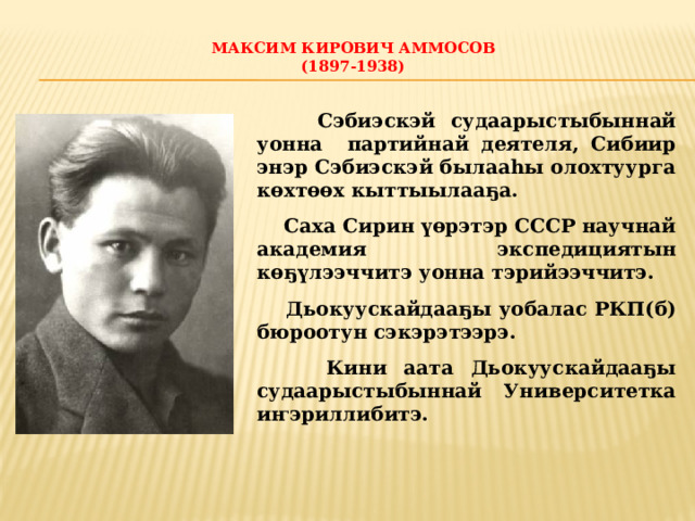 Максим Кирович Аммосов  (1897-1938)    Сэбиэскэй судаарыстыбыннай уонна партийнай деятеля, Сибиир энэр Сэбиэскэй былааһы олохтуурга көхтөөх кыттыылааҕа.   Саха Сирин үөрэтэр СССР научнай академия экспедициятын көҕүлээччитэ уонна тэрийээччитэ.   Дьокуускайдааҕы уобалас РКП(б) бюроотун сэкэрэтээрэ.   Кини аата Дьокуускайдааҕы судаарыстыбыннай Университетка иҥэриллибитэ. 