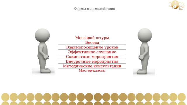 Формы взаимодействия Мозговой штурм Беседа Взаимопосещение уроков Эффективное слушание Совместные мероприятия Внеурочные мероприятия Методические консультации Мастер-классы 