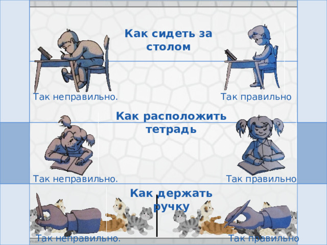 Как сидеть за столом Так правильно Так неправильно. Как расположить тетрадь Так неправильно. Так правильно Как держать ручку Так правильно Так неправильно. 