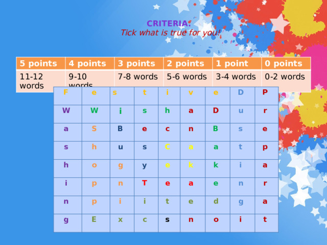  Criteria.   Tick what is true for you!   5 points 11-12 words 4 points 9-10 words 3 points 2 points 7-8 words 5-6 words 1 point 0 points 3-4 words 0-2 words F e W W a s S t i s h i s h B v o e i u h p c e n a s g D n p y g D C n E T P a e i B u i k s x r e a t c k t a e i e e s p n d a n g r o a i t 