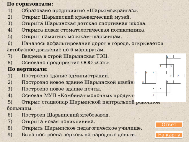 По горизонтали: 1)      Образовано предприятие «Шарьямежрайгаз». 2)      Открыт Шарьинский краеведческий музей. 3)      Открыта Шарьинская детская спортивная школа. 4)      Открыта новая стоматологическая поликлиника. 5)      Открыт памятник морякам–шарьинцам. 6)      Началось асфальтирование дорог в городе, открывается автобусное движение по 6 маршрутам. 7)      Введена в строй Шарьинская ТЭЦ. 8)      Основано предприятие ООО «Сот». По вертикали: 1)      Построено здание администрации. 2)      Построено новое здание Шарьинской швейной фабрики. 3)      Построено новое здание почты. 4)      Основан МУП «Комбинат молочных продуктов». 5)      Открыт стационар Шарьинской центральной районной больницы. 6)      Построен Шарьинский хлебозавод. 7)      Открыта новая поликлиника. 8)      Открыть Шарьинское педагогическое училище. 9)      Была построена церковь на народные деньги. Ответ На карту 