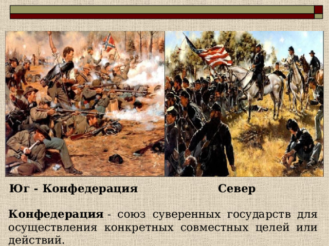 Юг - Конфедерация Север Конфедерация  - союз суверенных государств для осуществления конкретных совместных целей или действий. 
