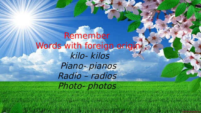 Remember Words with foreign origin  kilo- kilos Piano- pianos Radio – radios Photo- photos 