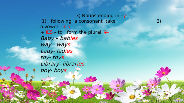 3) Nouns ending in – y -  1) following a consonant take 2) a vowel + s + IES – to form the plural Y  Baby – bab ies way - way s Lady- lad ies toy- toy s Library- librar ies boy- boy s 