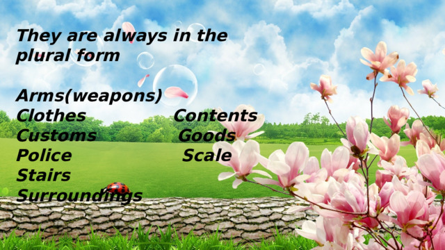 They are always in the plural form  Arms(weapons) Clothes Contents Customs Goods Police Scale Stairs Surroundings 