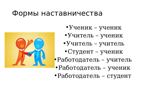 Формы наставничества Ученик – ученик Учитель – ученик Учитель – учитель Студент – ученик Работодатель – учитель Работодатель – ученик Работодатель – студент 