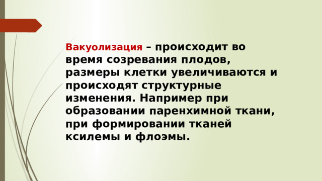Вакуолизация – происходит во время созревания плодов, размеры клетки увеличиваются и происходят структурные изменения. Например при образовании паренхимной ткани, при формировании тканей ксилемы и флоэмы. 