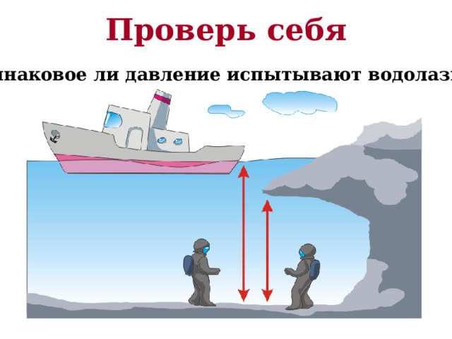 Проверь себя Одинаковое ли давление испытывают водолазы? 