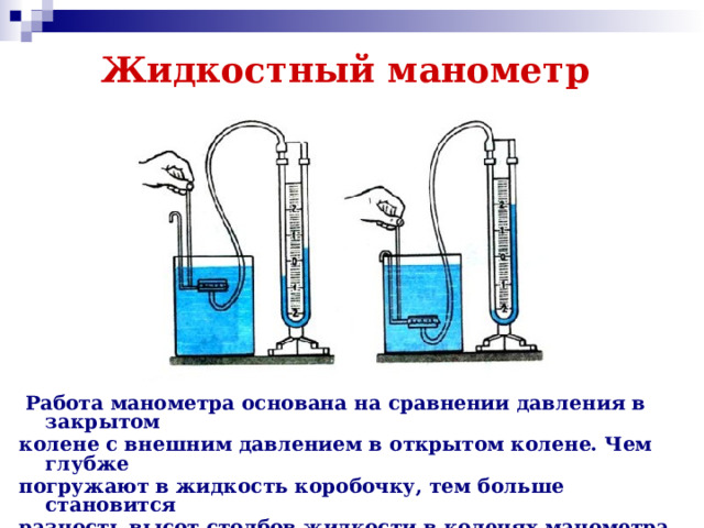 Жидкостный манометр    Работа манометра основана на сравнении давления в закрытом колене с внешним давлением в открытом колене. Чем глубже погружают в жидкость коробочку, тем больше становится разность высот столбов жидкости в коленях манометра, и тем большее давление производит жидкость. 
