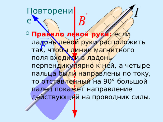 Повторение Правило левой руки: если ладонь левой руки расположить так, чтобы линии магнитного поля входили в ладонь перпендикулярно к ней, а четыре пальца были направлены по току, то отставленный на 90° большой палец покажет направление действующей на проводник силы. 