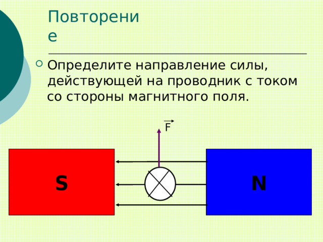 Повторение Определите направление силы, действующей на проводник с током со стороны магнитного поля. F S N 