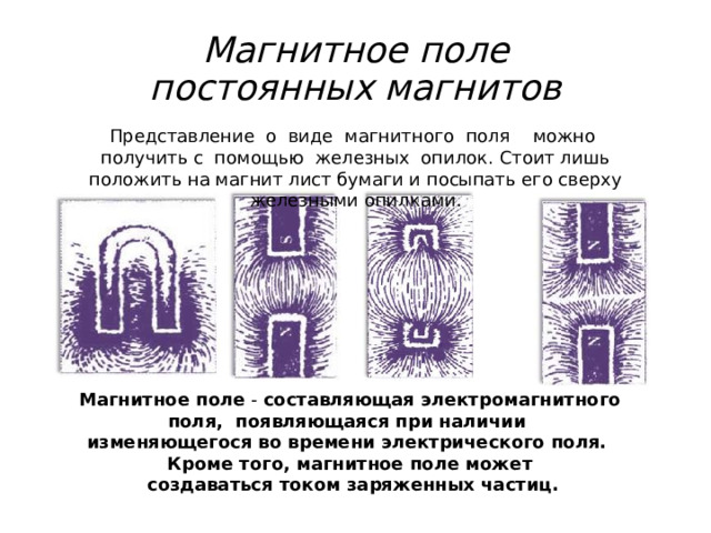 Магнитное поле постоянных магнитов Представление  о  виде  магнитного  поля    можно  получить с  помощью  железных  опилок. Стоит лишь положить на магнит лист бумаги и посыпать его сверху железными опилками.  Магнитное поле - составляющая электромагнитного поля, появляющаяся при наличии изменяющегося во времени электрического поля.  Кроме того, магнитное поле может  создаваться током заряженных частиц. 