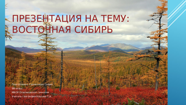 Презентация на тему: Восточная Сибирь Подготовила: Грамотеева София 9В класс МБОУ Опалиховская гимназия Учитель географии Козлова Т.А. 