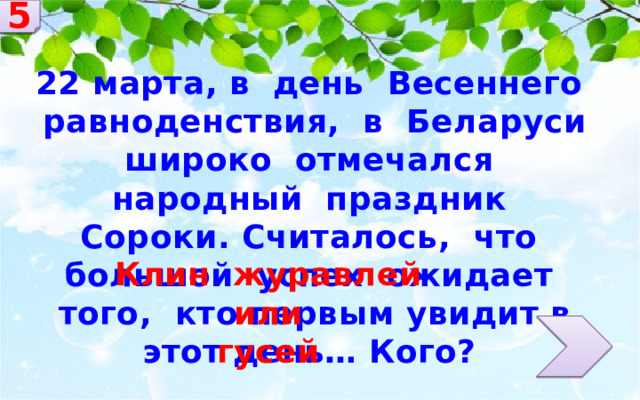 5 22 марта, в день Весеннего равноденствия, в Беларуси широко отмечался народный праздник Сороки. Считалось, что большой успех ожидает того, кто первым увидит в этот день… Кого? Клин журавлей или гусей 