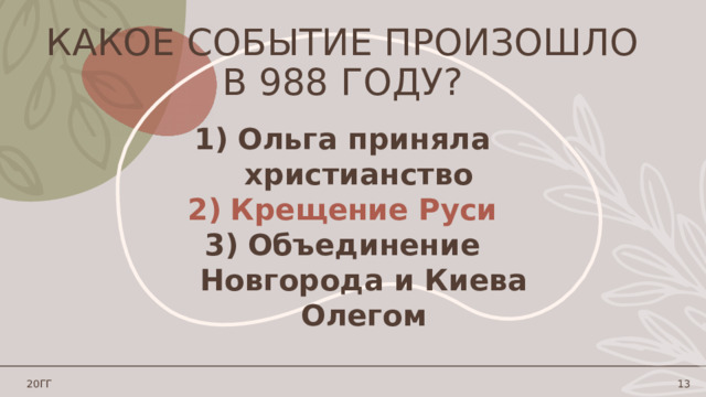 Какое событие произошло в 988 году? Ольга приняла христианство Крещение Руси Объединение Новгорода и Киева Олегом 20ГГ 1 