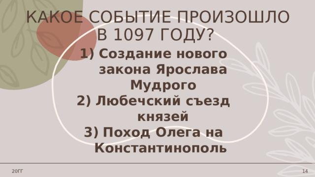 Какое событие произошло в 1097 году? Создание нового закона Ярослава Мудрого Любечский съезд князей Поход Олега на Константинополь  20ГГ 1 