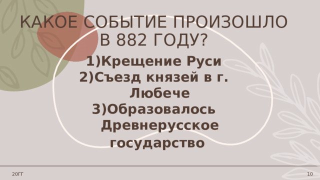 Какое событие произошло в 882 году? Крещение Руси Съезд князей в г. Любече Образовалось Древнерусское государство  20ГГ 1 