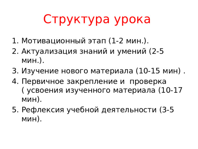Структура урока Мотивационный этап (1-2 мин.). Актуализация знаний и умений (2-5 мин.). Изучение нового материала (10-15 мин) . Первичное закрепление и  проверка ( усвоения изученного материала (10-17 мин).   Рефлексия учебной деятельности (3-5 мин). 