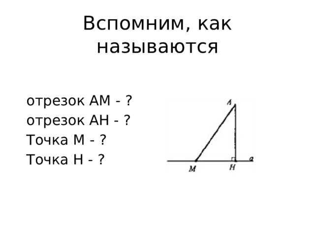 Вспомним, как называются   отрезок AM - ? отрезок АН - ? Точка М - ? Точка H - ? 