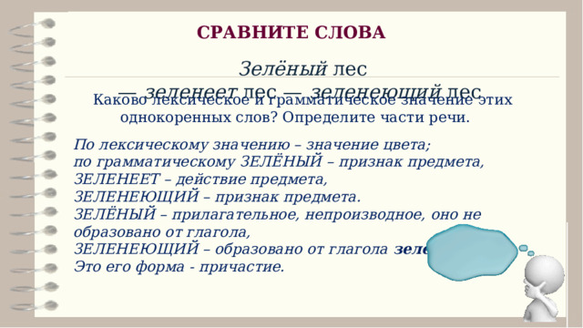 СРАВНИТЕ СЛОВА Зелёный  лес —  зеленеет  лес —  зеленеющий  лес  Каково лексическое и грамматическое значение этих однокоренных слов? Определите части речи. По лексическому значению – значение цвета; по грамматическому ЗЕЛЁНЫЙ – признак предмета, ЗЕЛЕНЕЕТ – действие предмета, ЗЕЛЕНЕЮЩИЙ – признак предмета. ЗЕЛЁНЫЙ – прилагательное, непроизводное, оно не образовано от глагола, ЗЕЛЕНЕЮЩИЙ – образовано от глагола зеленеть . Это его форма - причастие. 