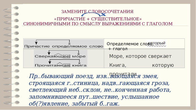 ЗАМЕНИТЕ СЛОВОСОЧЕТАНИЯ «ПРИЧАСТИЕ + СУЩЕСТВИТЕЛЬНОЕ» СИНОНИМИЧНЫМИ ПО СМЫСЛУ ВЫРАЖЕНИЯМИ С ГЛАГОЛОМ   Определяемое слово, + глагол Море, которое сверкает Книга, которую прочитали Пр..бывающий поезд, изв..вающаяся змея, строящаяся г..стиница, надв..гающаяся гроза, светлеющий неб..склон, не..конченная работа, запомнившееся пут..шествие, услышанное об(?)явление, забытый б..гаж. 