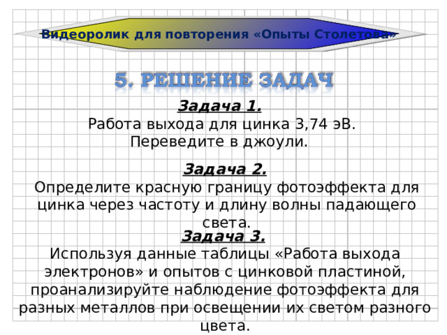 Видеоролик для повторения «Опыты Столетова» Задача 1.  Работа выхода для цинка 3,74 эВ. Переведите в джоули. Задача 2.  Определите красную границу фотоэффекта для цинка через частоту и длину волны падающего света. Задача 3.  Используя данные таблицы «Работа выхода электронов» и опытов с цинковой пластиной, проанализируйте наблюдение фотоэффекта для разных металлов при освещении их светом разного цвета. 